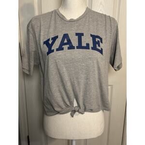 Yale Gray Short Sleeve T-shirt, Blue Logo, Tie Front, Cropped, Medium